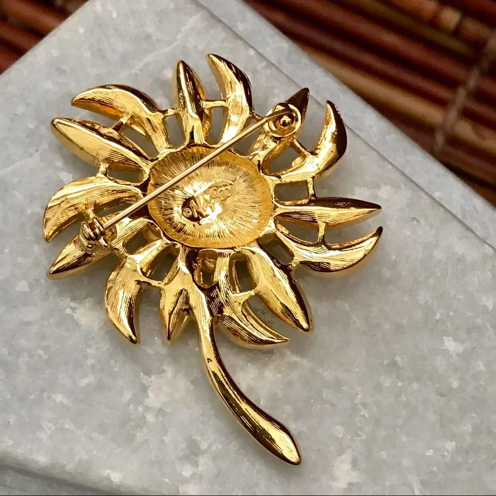 Napier Rhinestone Flower Brooch Gold Tone Signed